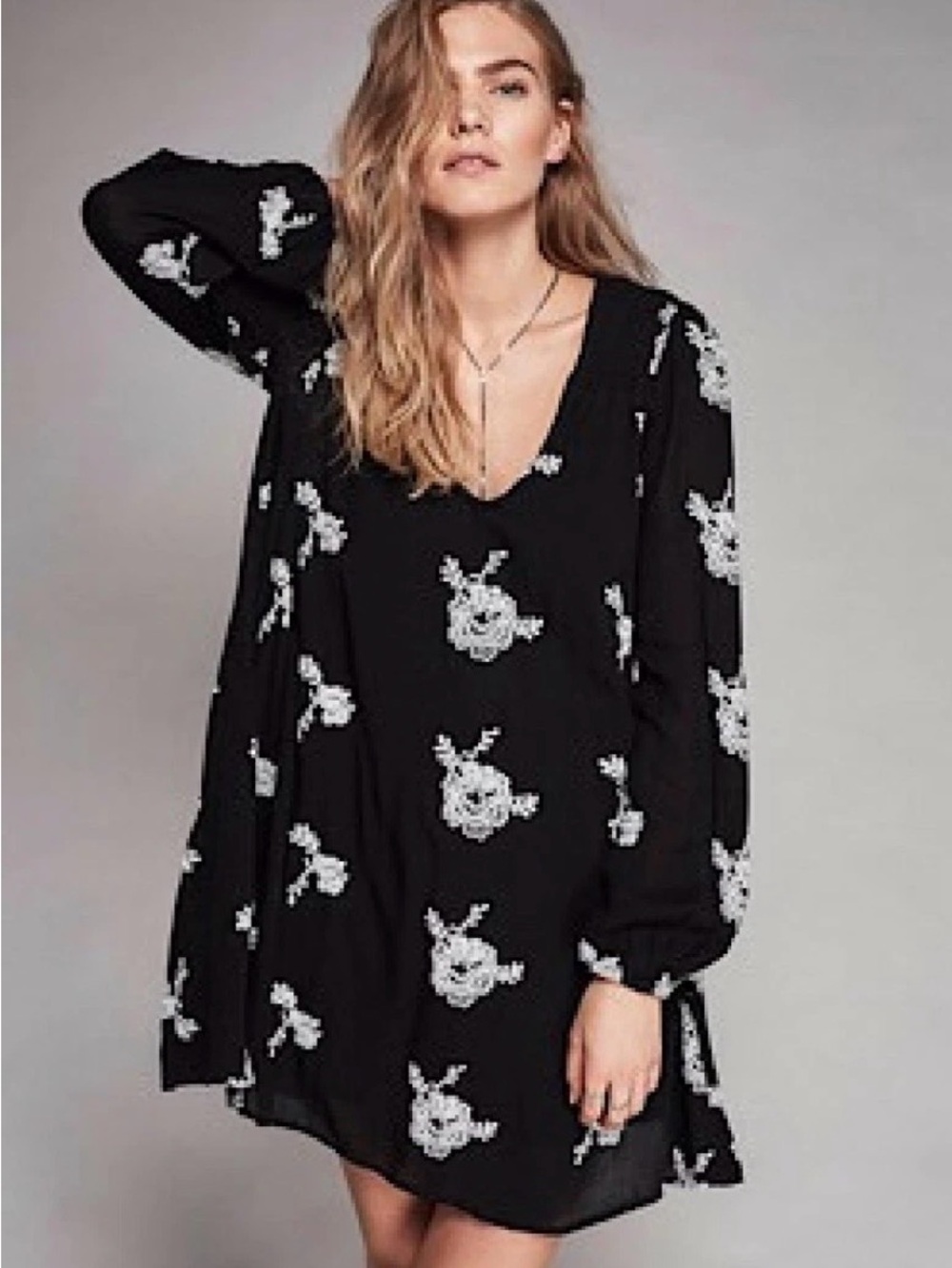 Free People Black Floral Long Sleeve Mini Dress